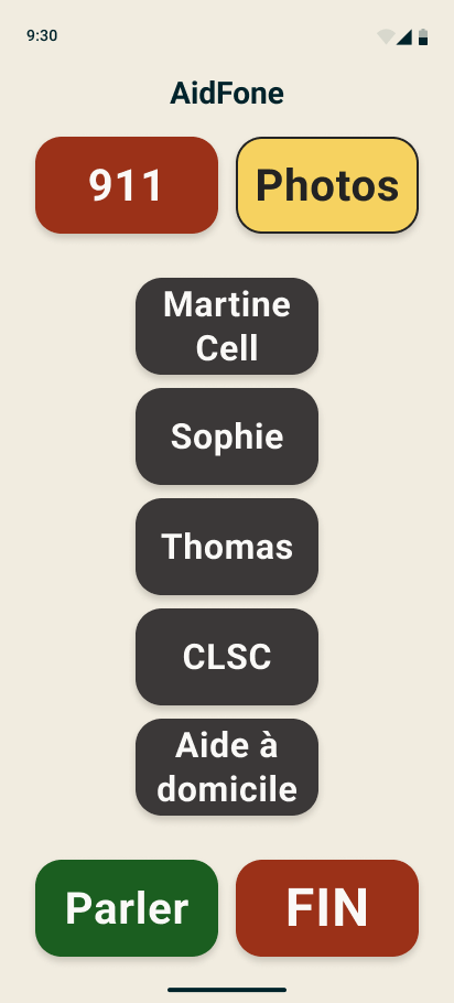 Écran AidFone PC2 : bouton 9-1-1, raccourci Photos, cinq boutons nommés incluant des membres de la famille et CLSC, Assistant vocal PARLER et bouton FIN.